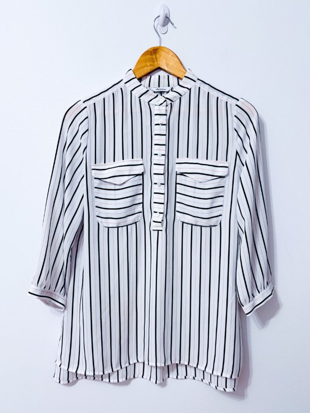REITMANS White Black Striped Button Front Tunic Blouse High Low Hem Small